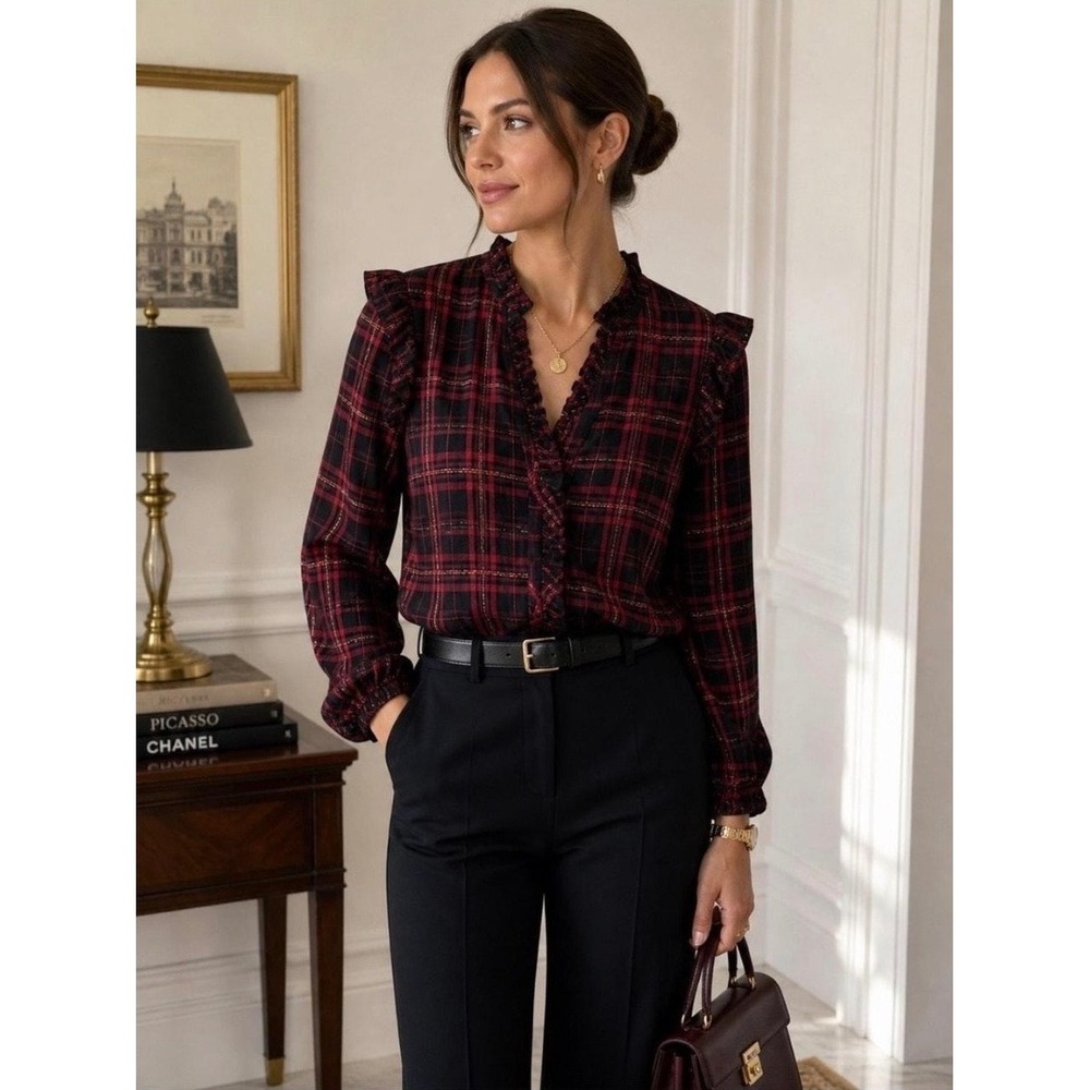 Evereve Charlotte Ruffle Button Down Burgundy Black Plaid Metallic Blouse Small